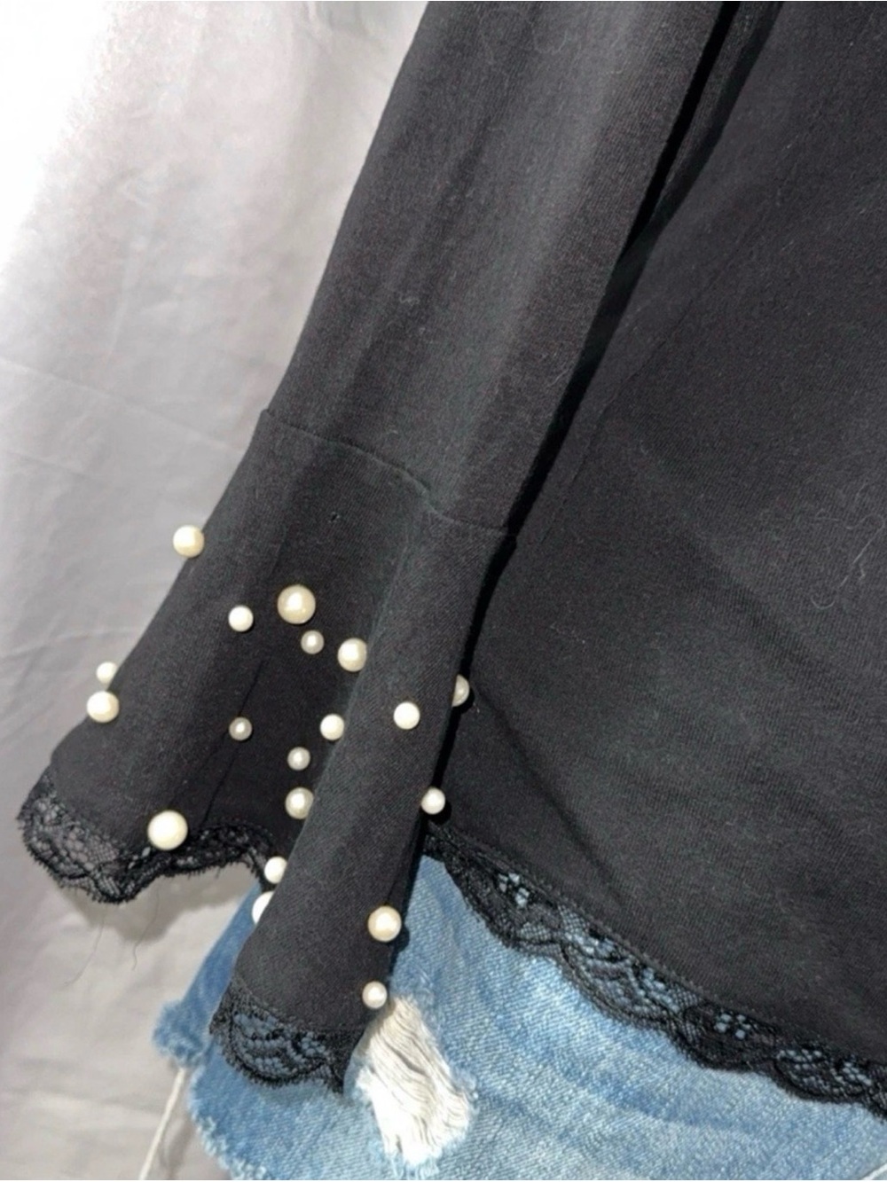 bebe Black Lace-Trim Long Sleeve Top with Pearl Accents - Picture 3 of 4